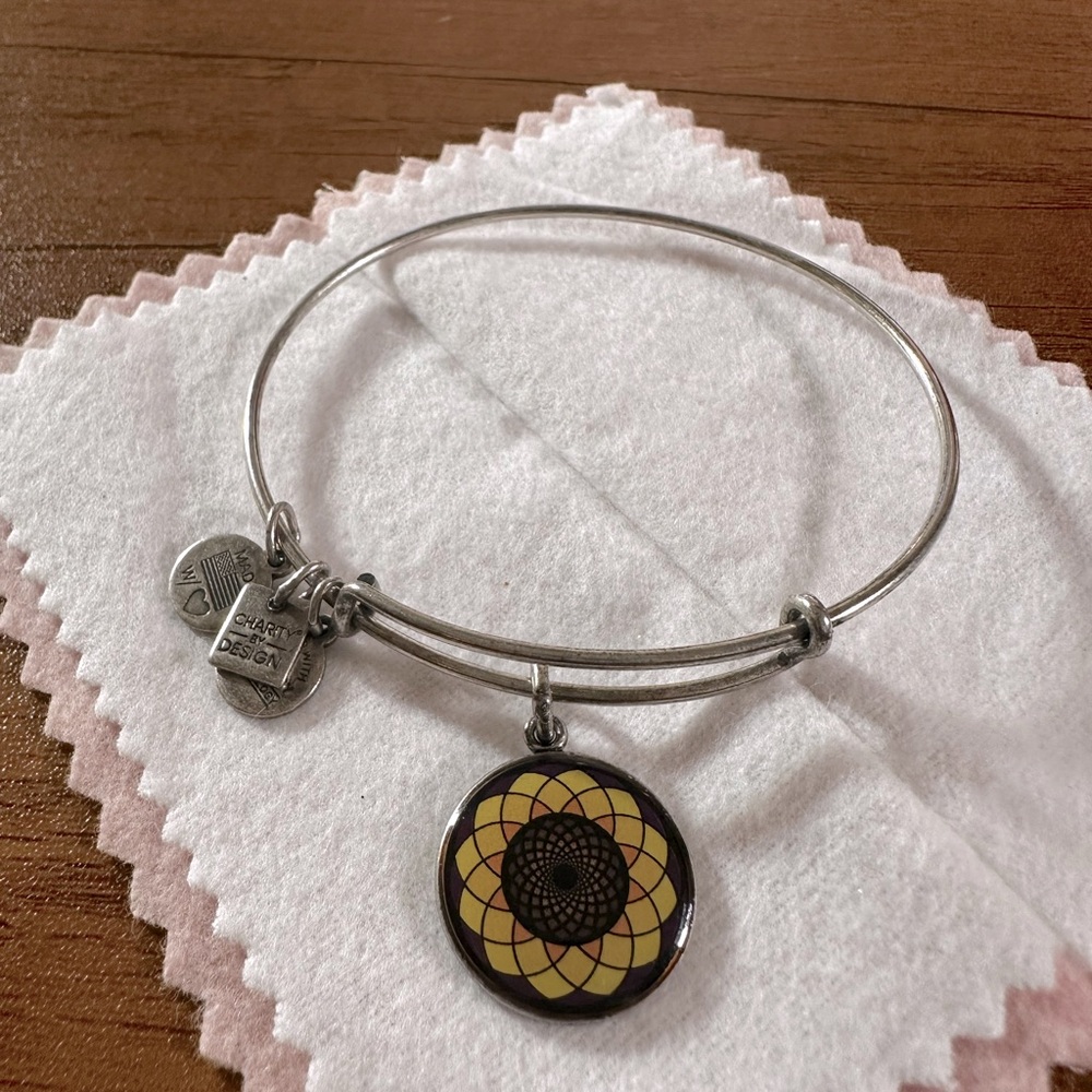 Alex and Ani Silver Tone Bangle Bracelet with Multi Color Epoxy Sunflower Charm